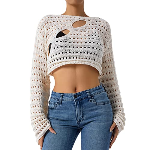 トップス NOTRE emor back open volume knit Women Hollow Out Crochet Knit Sweater Crop Tops Long Sleeve